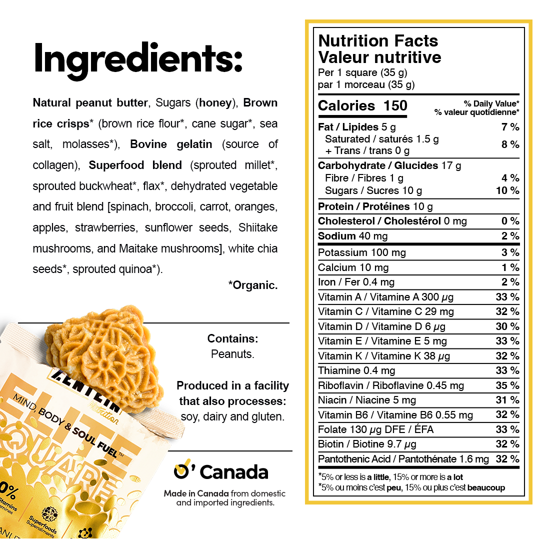 Nutrition Facts, ingredients and allergen label for Honey Peanut Crispy Elite Squares