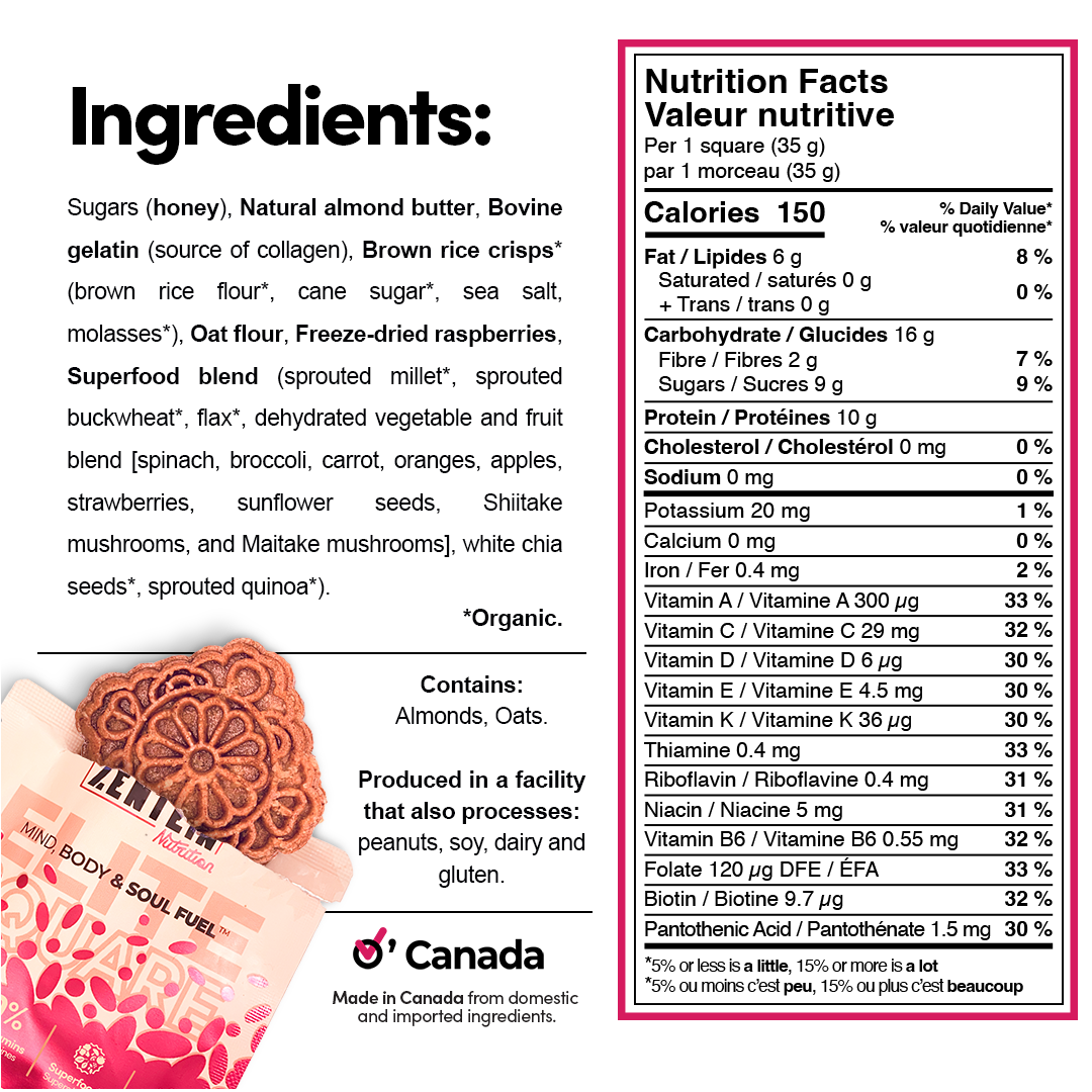 Nutrition Facts, ingredients and allergen label for Almondy Raspberry Elite Squares