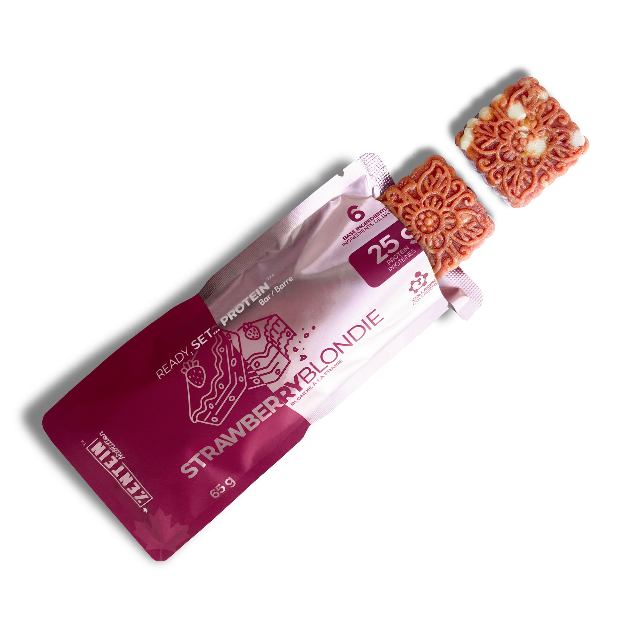 Zentein Nutrition Strawberry Blondie protein bar packaging on a white background