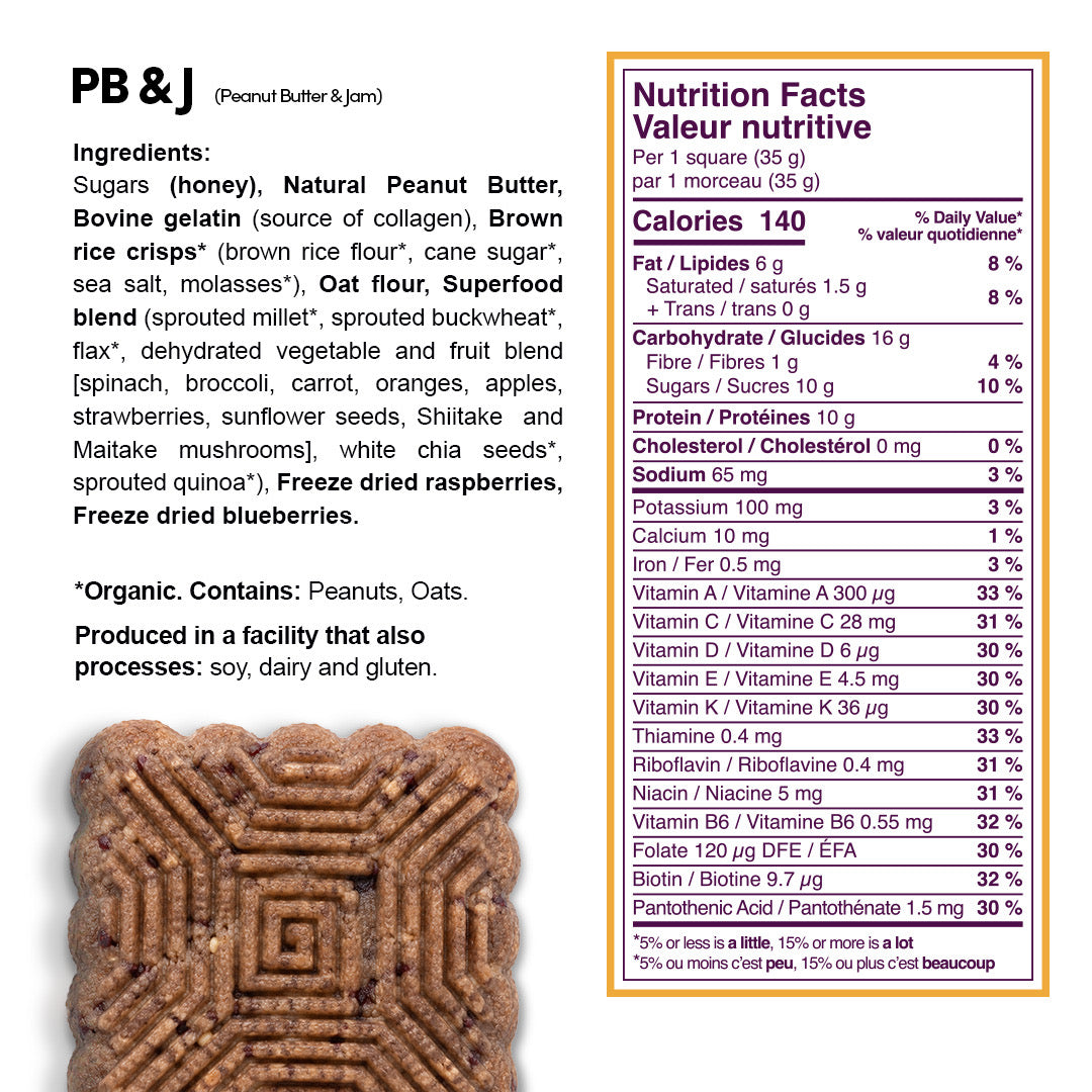 Nutrition Facts, ingredients and allergen label for PB&J Elite Squares