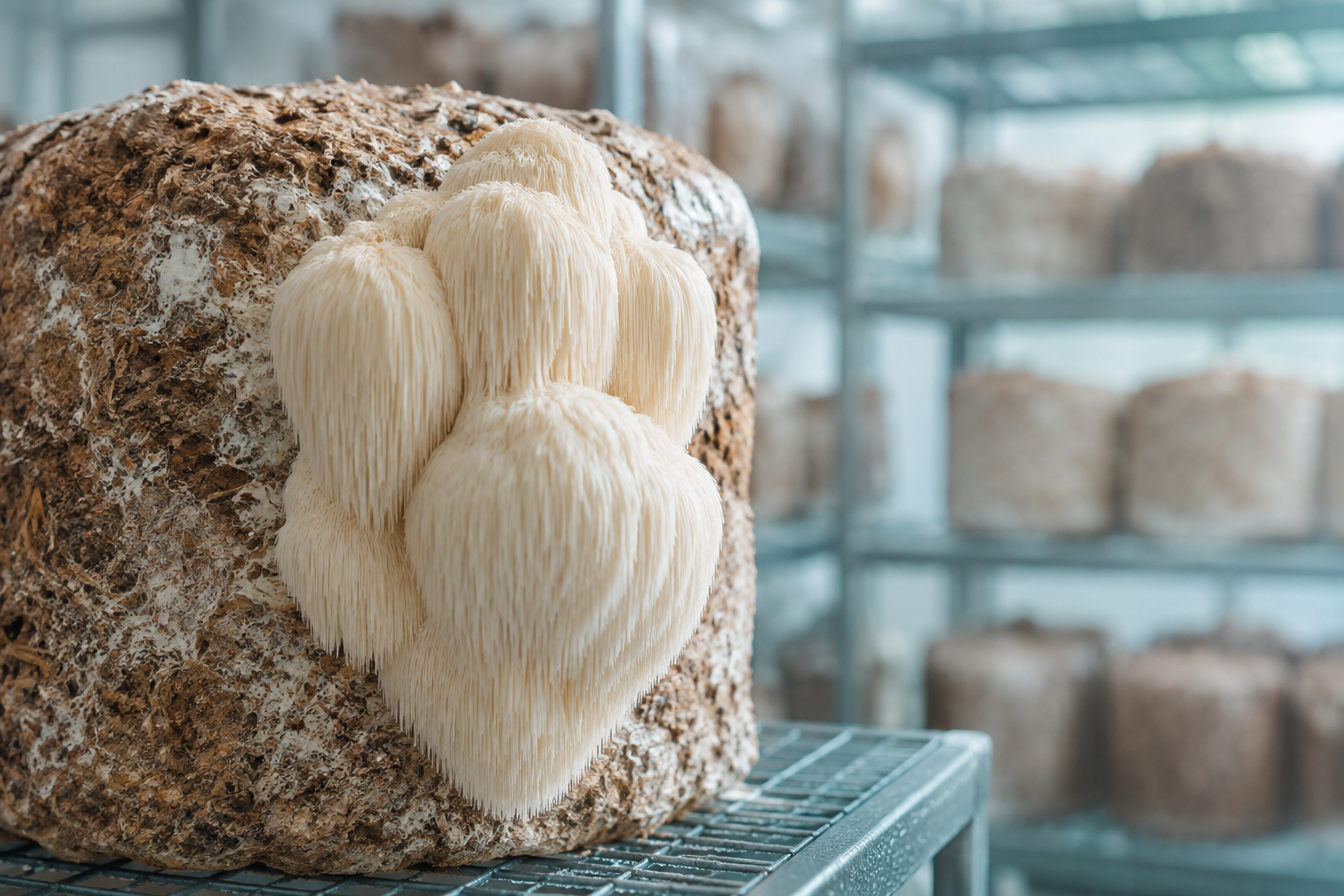 A realistic Lion’s Mane mushroom growing from a hardwood-rich block in a clean cultivation room