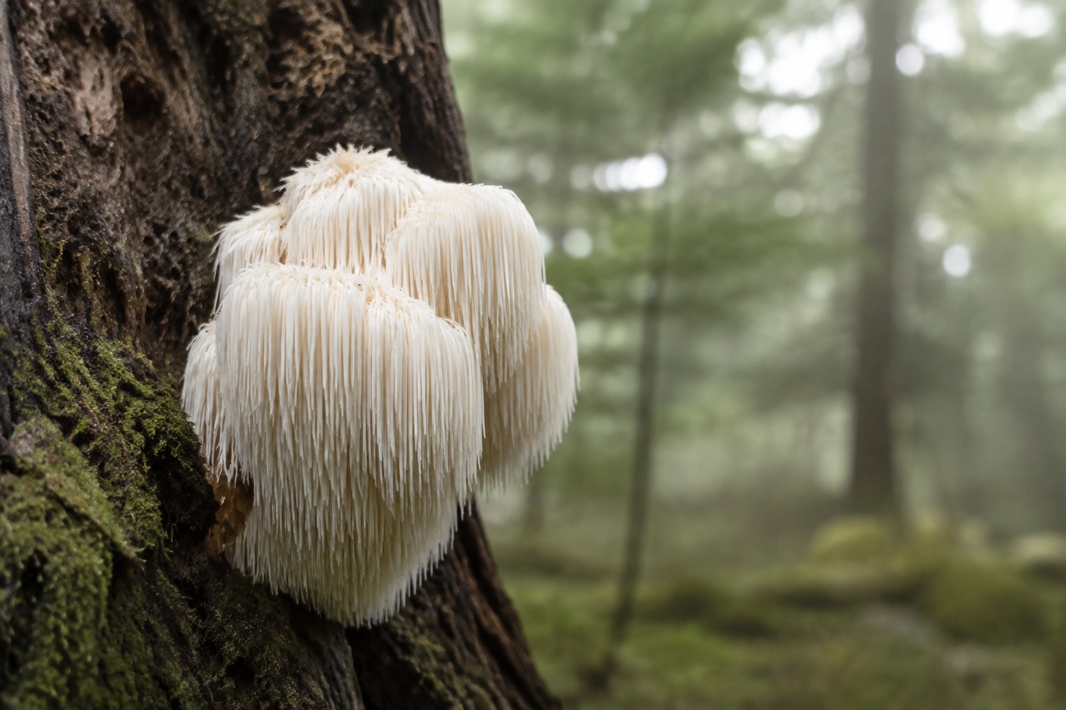 A realistic Lion’s Mane mushroom growing from a mossy hardwood trunk in a temperate forest