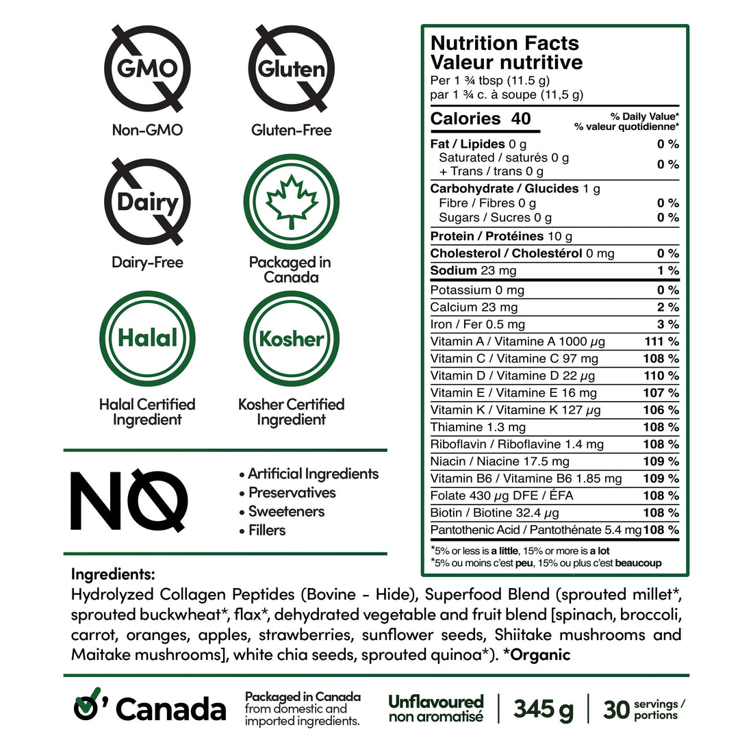 Superfood Collagen Nutrition Facts and ingredient label