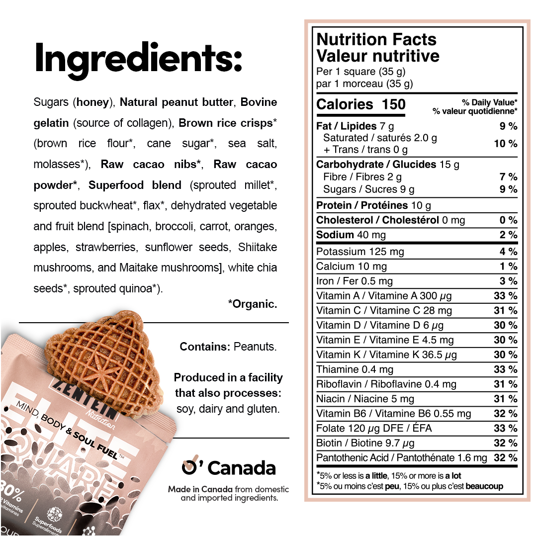 Nutrition Facts, ingredients and allergen label for Salted Double Cacao Elite Squares