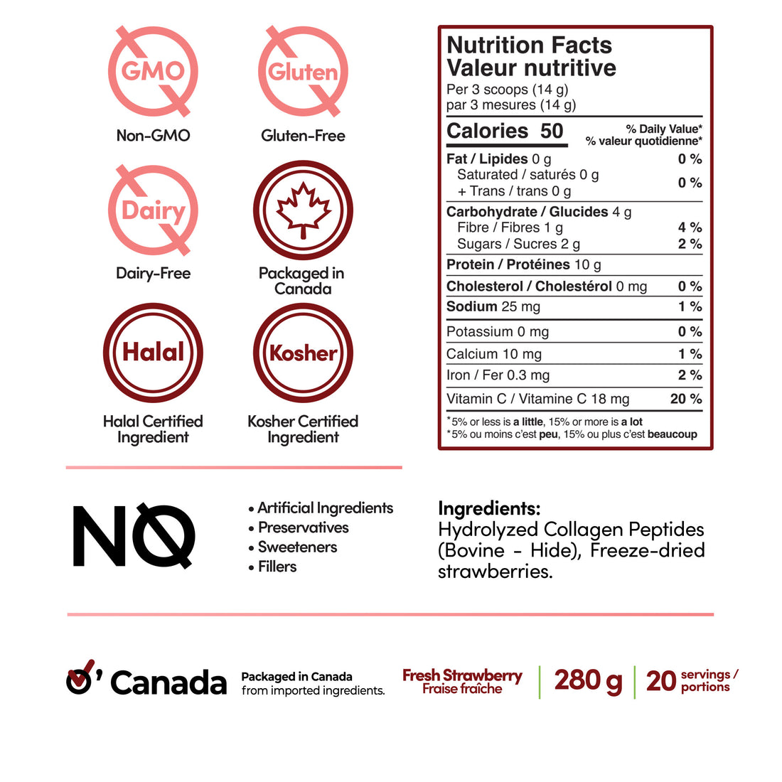 Strawberry Collagen Nutrition Facts and ingredient label