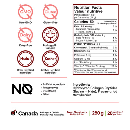 Bovine Collagen with Real Strawberries - Hydrolyzed Collagen Drink Powder