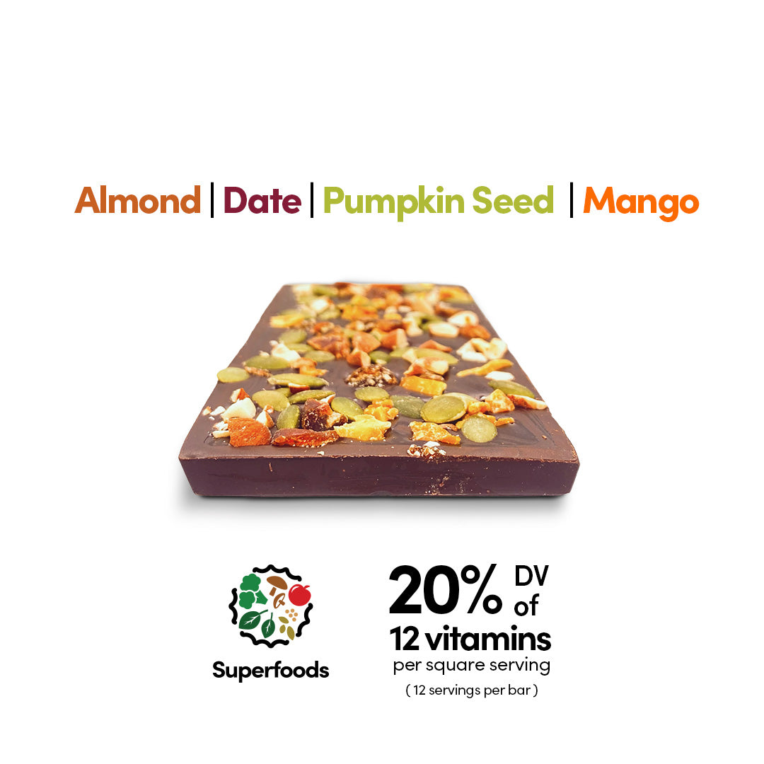 Super Chocolate - Almonds, Mango, Dates, and Pumpkin Seed (12 servings/chocolate bar)
