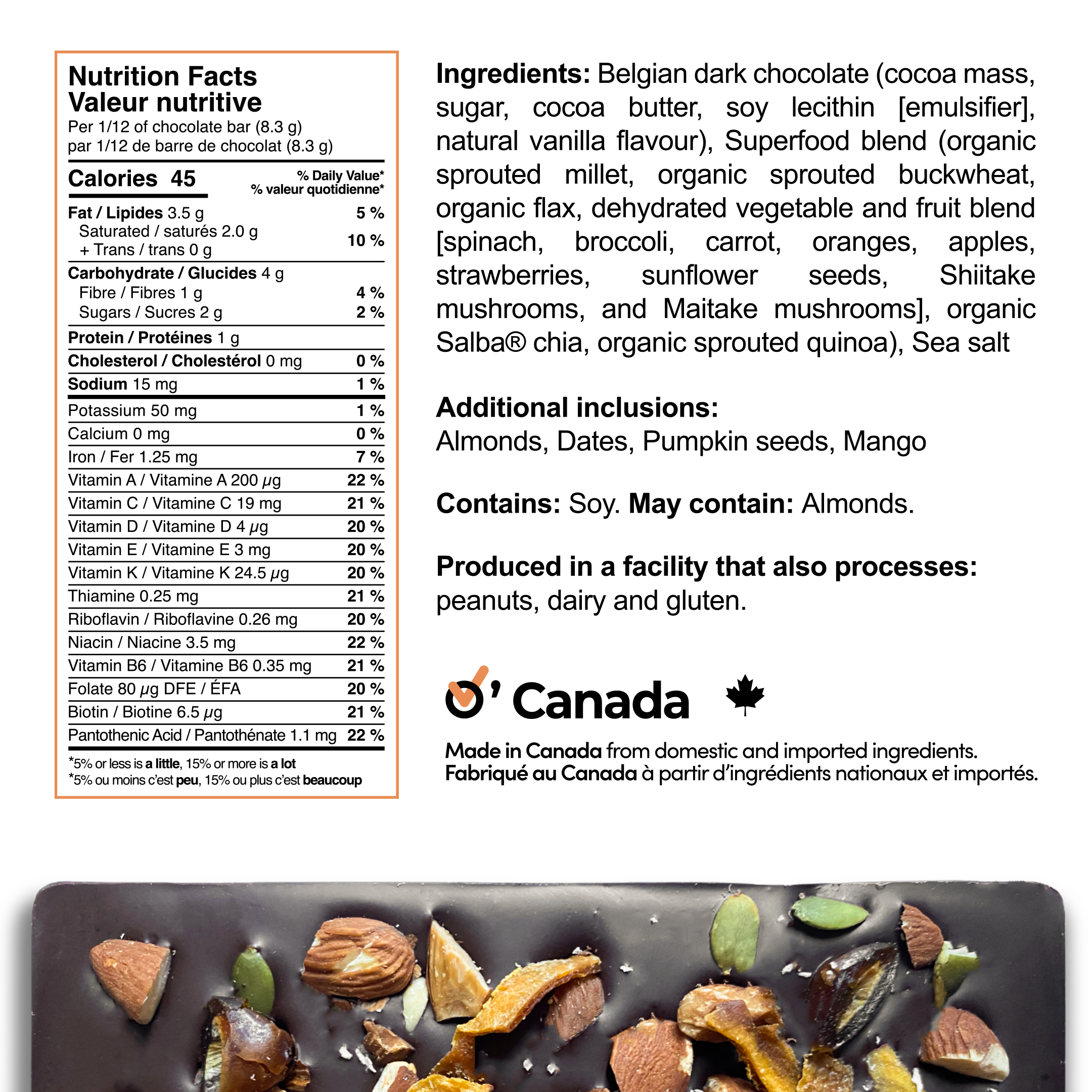 Super Chocolate - Almonds, Mango, Dates, and Pumpkin Seed (12 servings/chocolate bar)