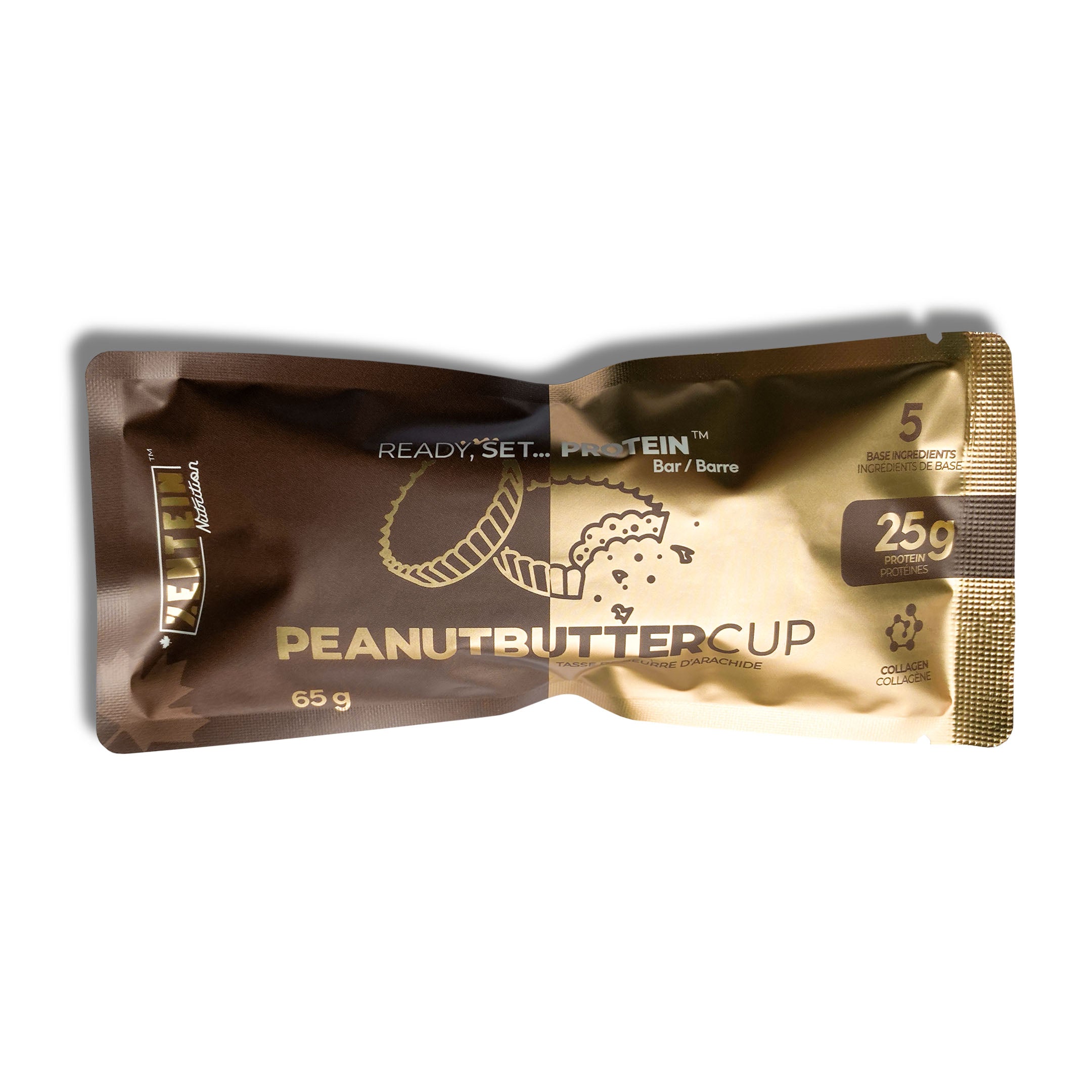 Protein bar package labeled 'Peanut Butter Cup' on a white background