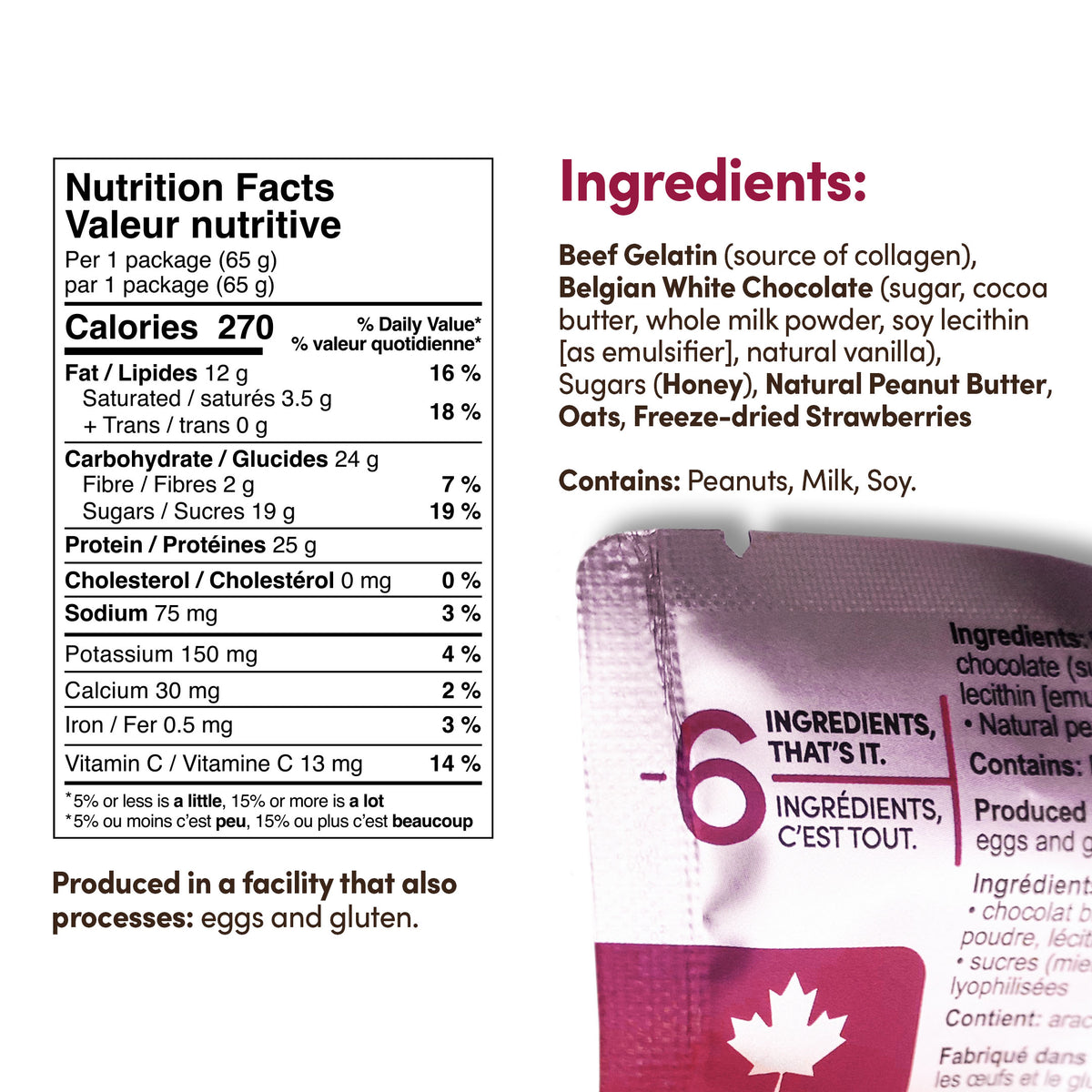 Nutrition Facts, ingredients and allergen label for Strawberry Blondie Protein Bars