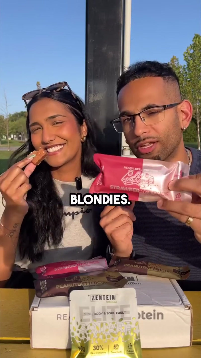 Raj and a companion open, taste and compare Strawberry Blondie, Honey Peanut Crispy and Peanut Butter Cup.