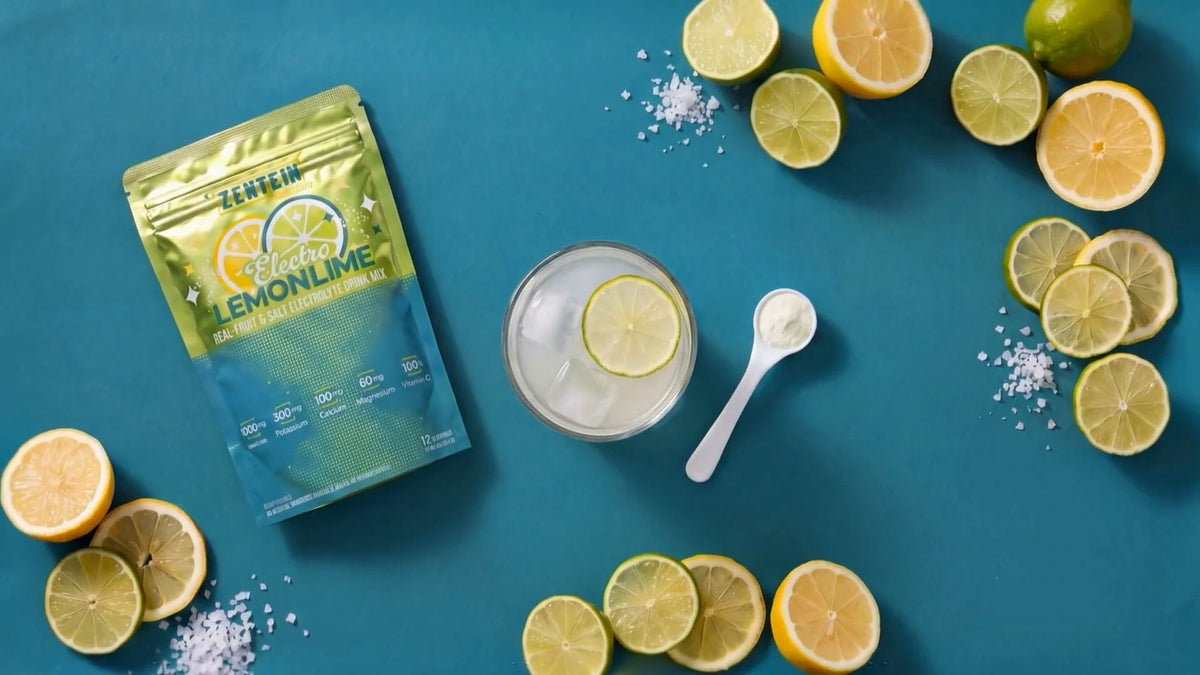 Zentein Electro Lemon Lime pouch with a citrus drink, lemon and lime