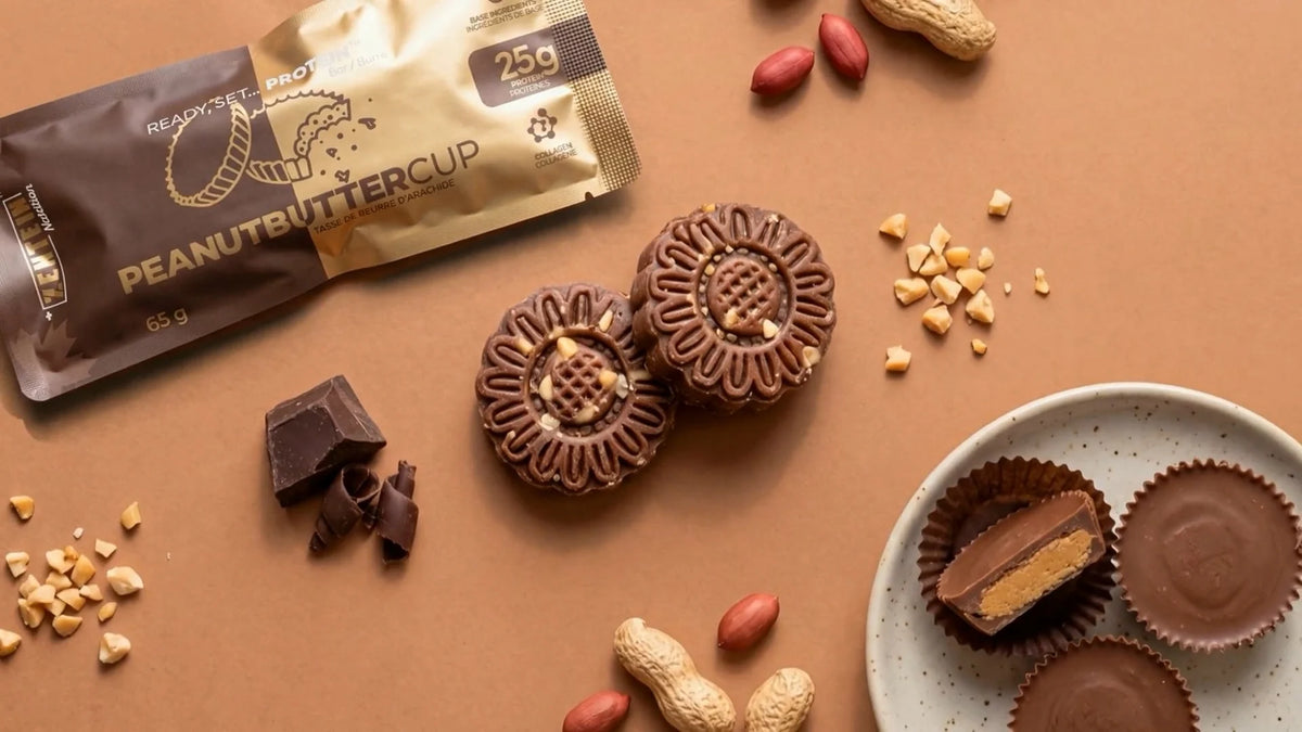 Zentein Peanut Butter Cup packaging with chocolate protein cups, peanuts and chocolate