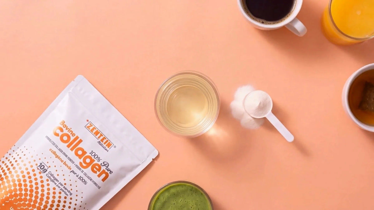 Zentein Pure Collagen pouch beside a clear glass and a scoop of collagen