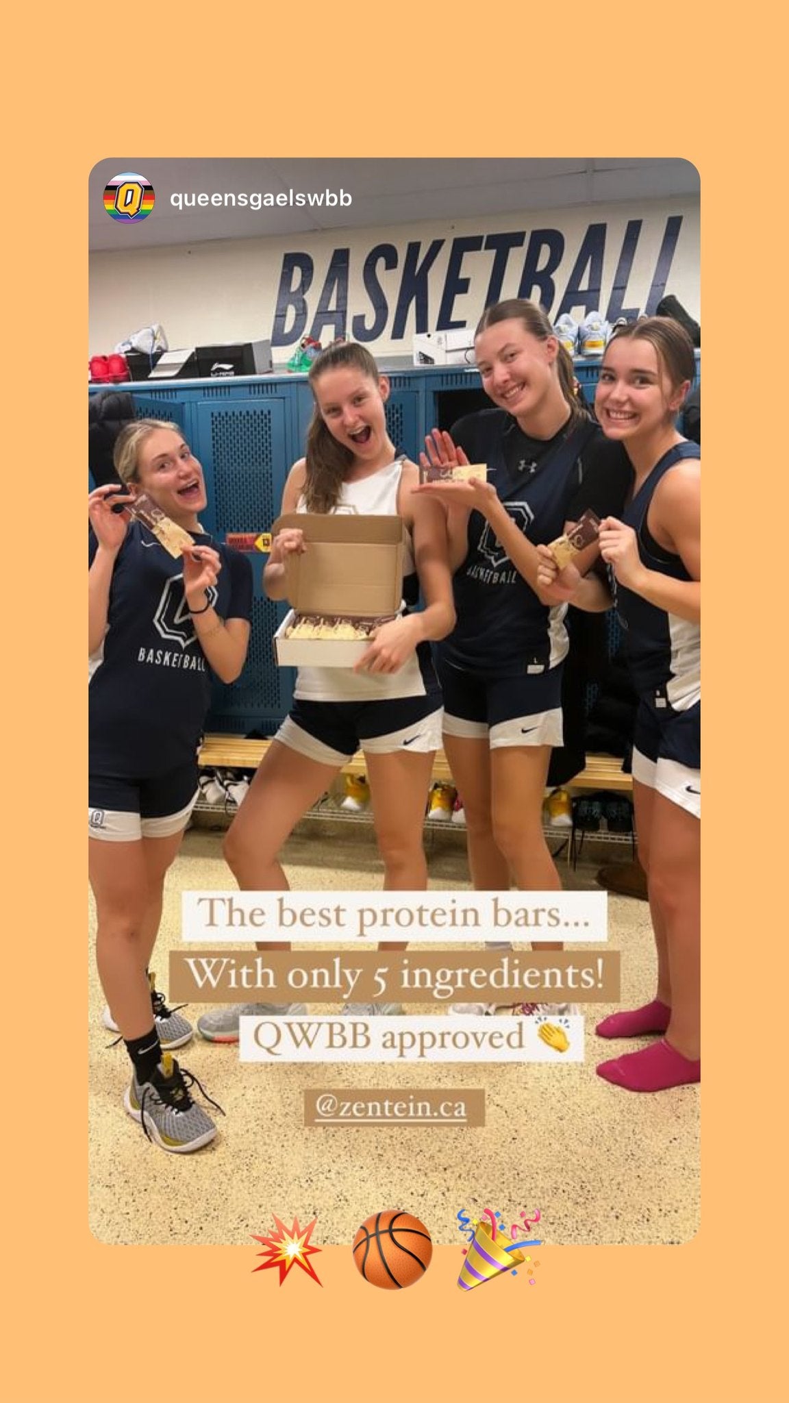 Four Queen's basketball teammates pose with wrapped Peanut Butter Cups and a Zentein box.