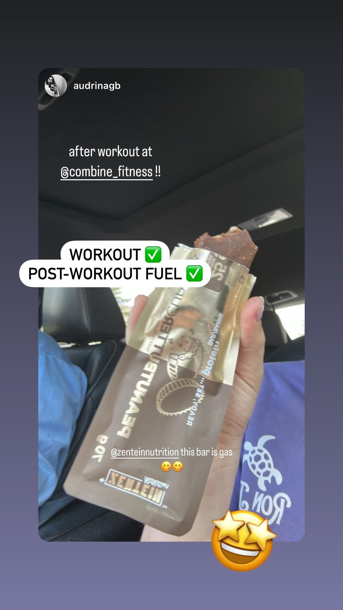 Audrina holds a bitten Peanut Butter Cup after a workout.