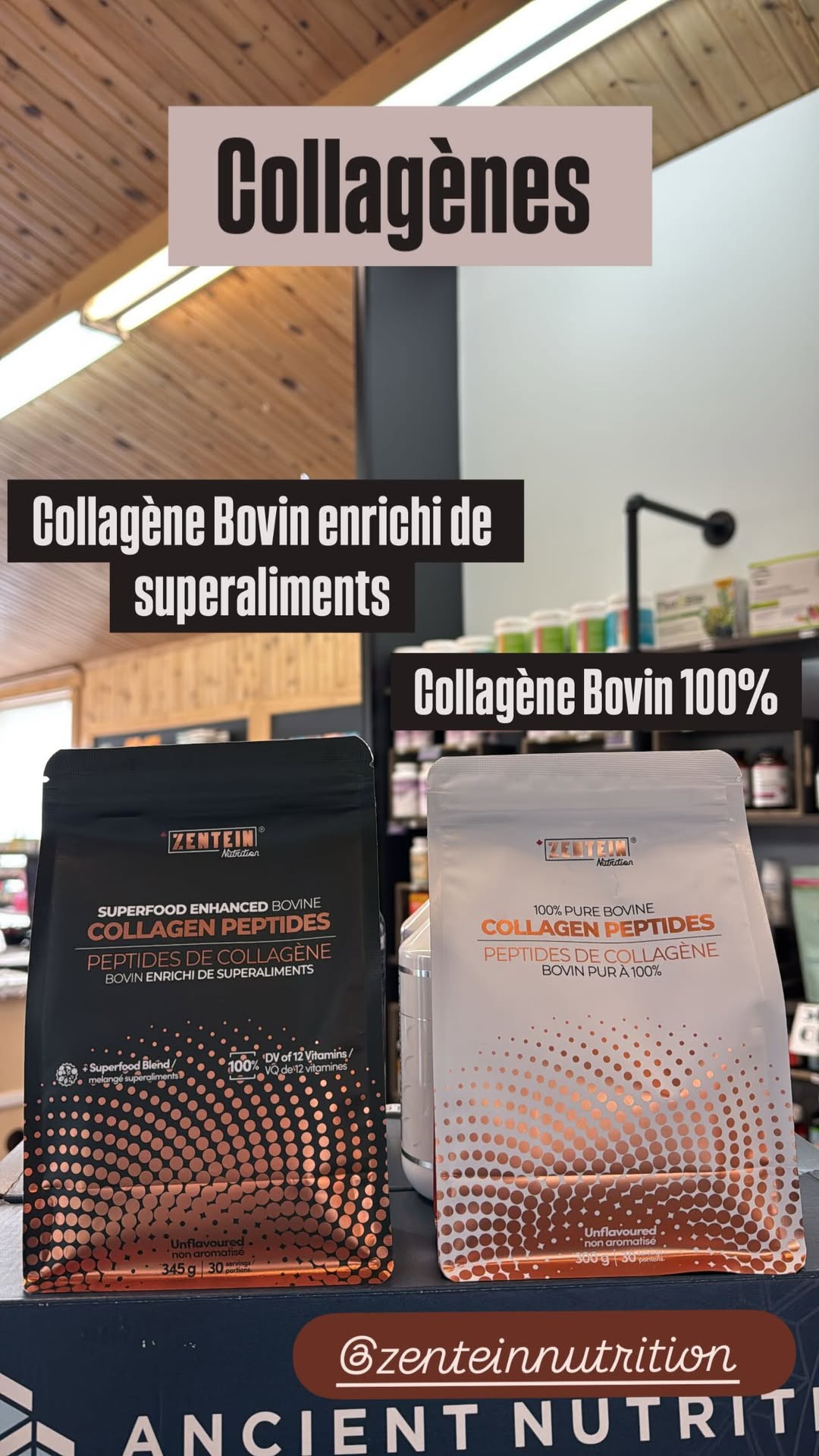 Simply for Life Edmundston’s Instagram Story showing Zentein Pure and Superfood Collagen pouches in store.