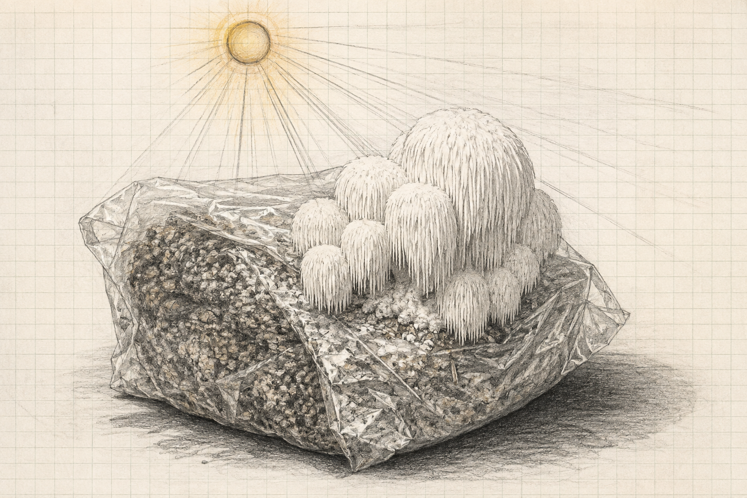 Pencil study of Lion’s Mane mushrooms growing from a cultivation bag, with sunlight and handwritten Vitamin D₂ lettering on graph paper