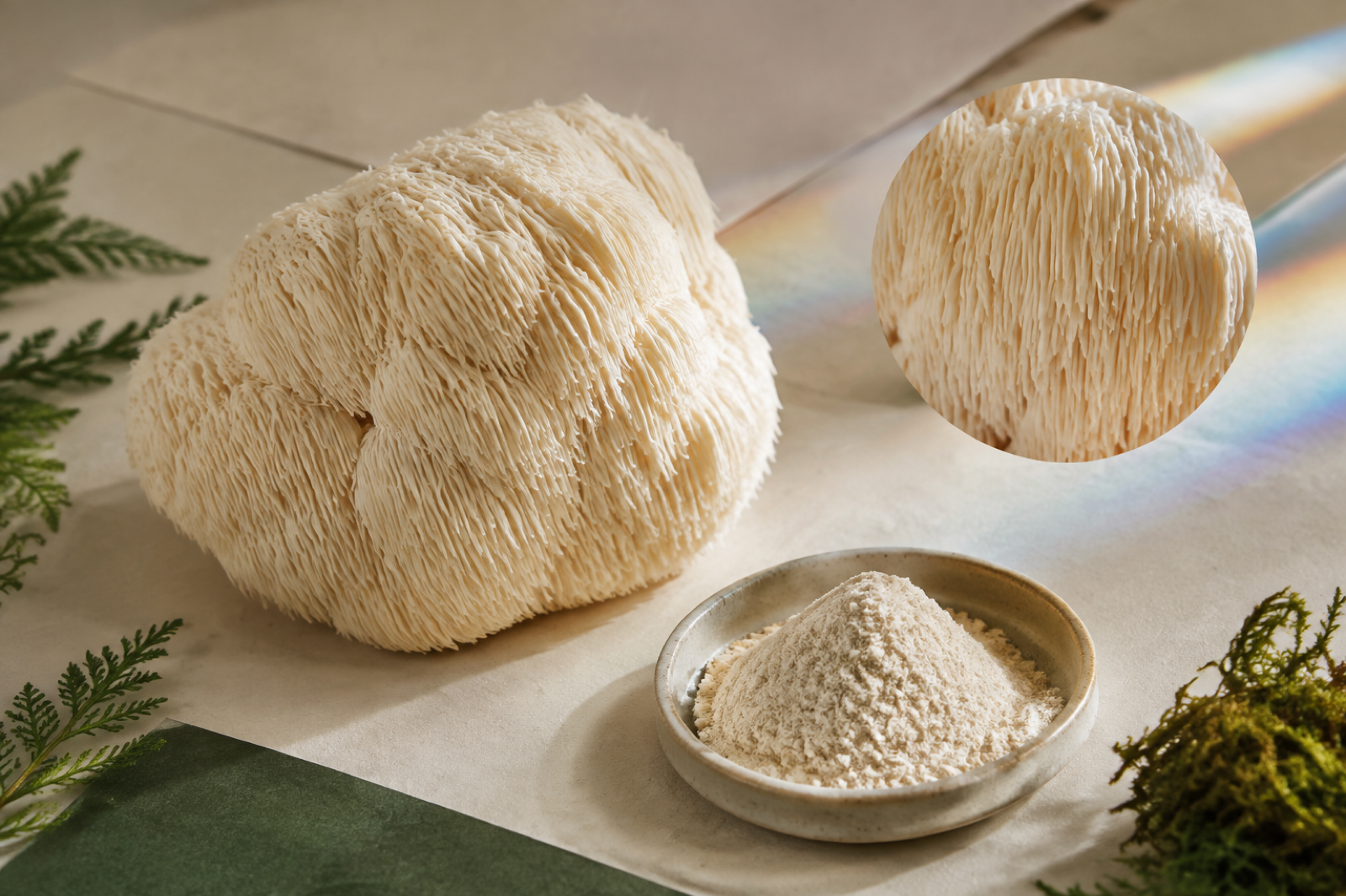 A whole Lion’s Mane mushroom, its fine cascading texture and pale mushroom powder arranged as an ingredient study
